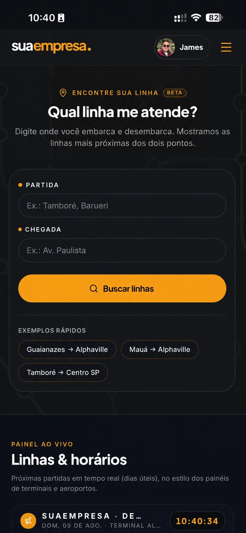 Tela de busca de linha por origem e destino na plataforma de fretamento