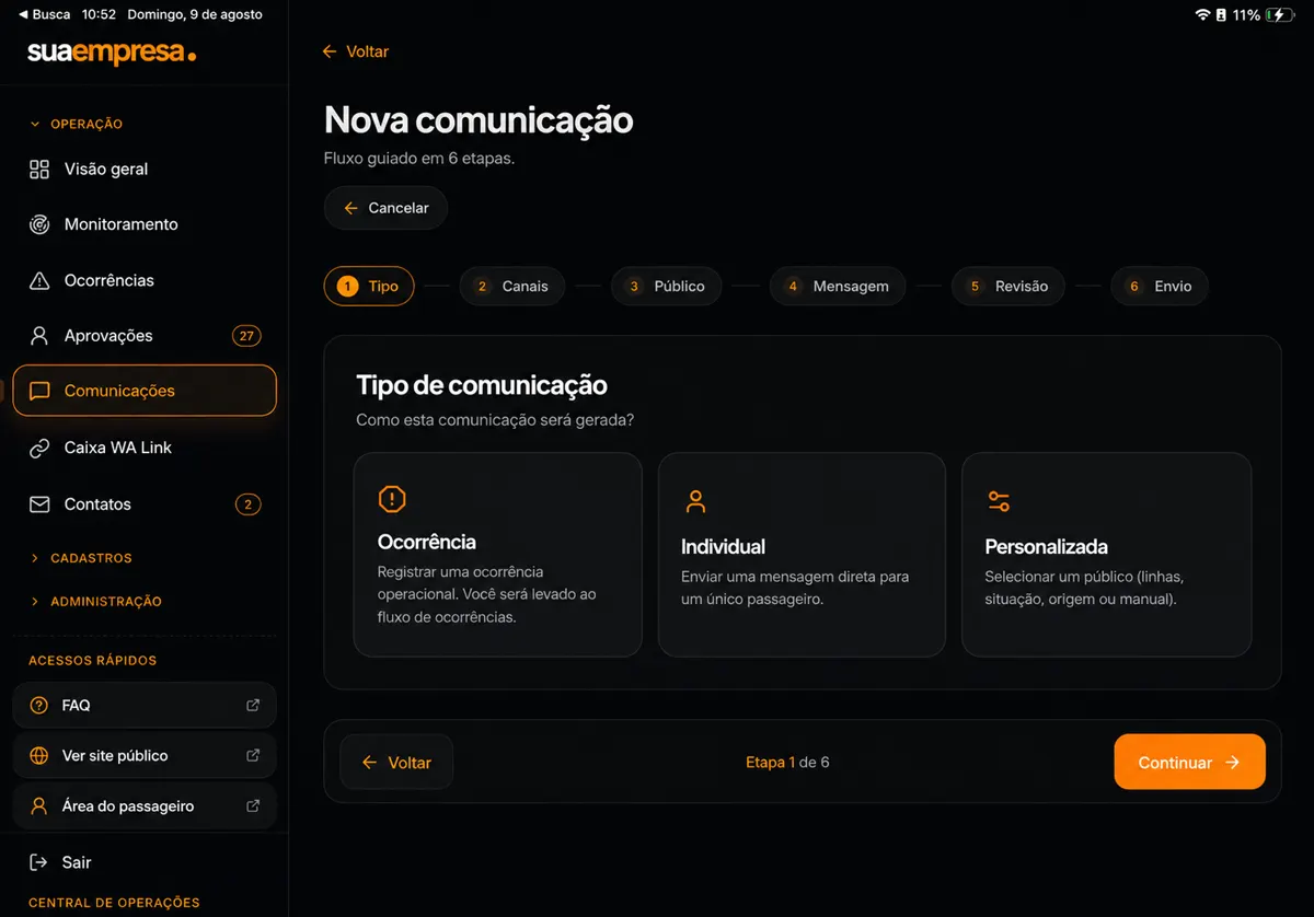 Envio de comunicado por WhatsApp, e-mail, SMS e push