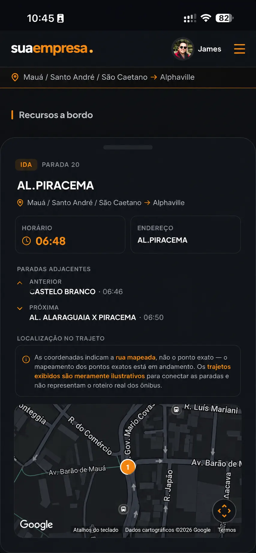 Tela com pontos de embarque no mapa e horários das paradas